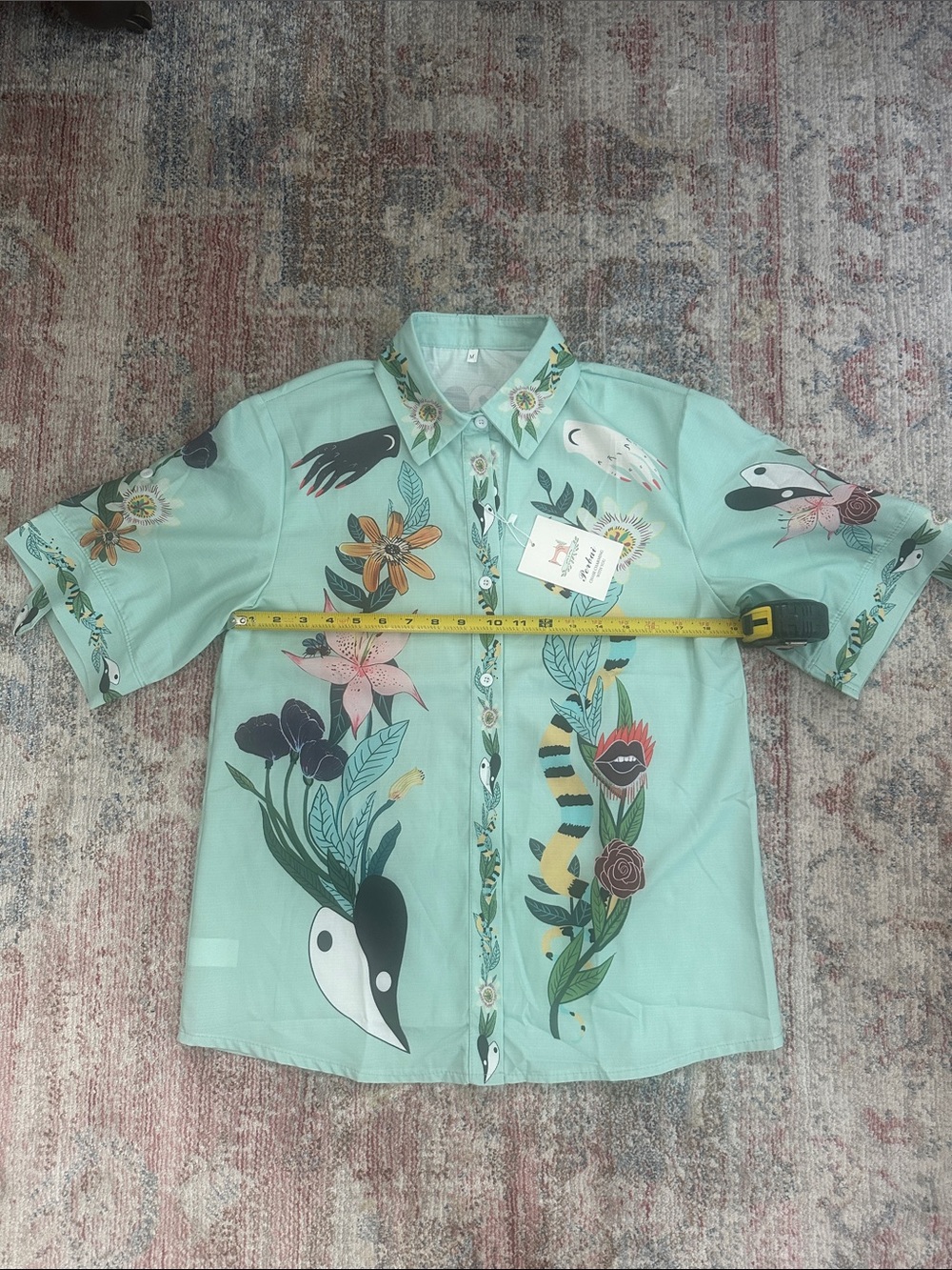 Button Down Floral Print Linen/Poly Women's Shirt-M